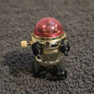 Tomy Vintage 1978 Wind Up Robot Toy Gold Pink Dome Mechanical Walker USA Small